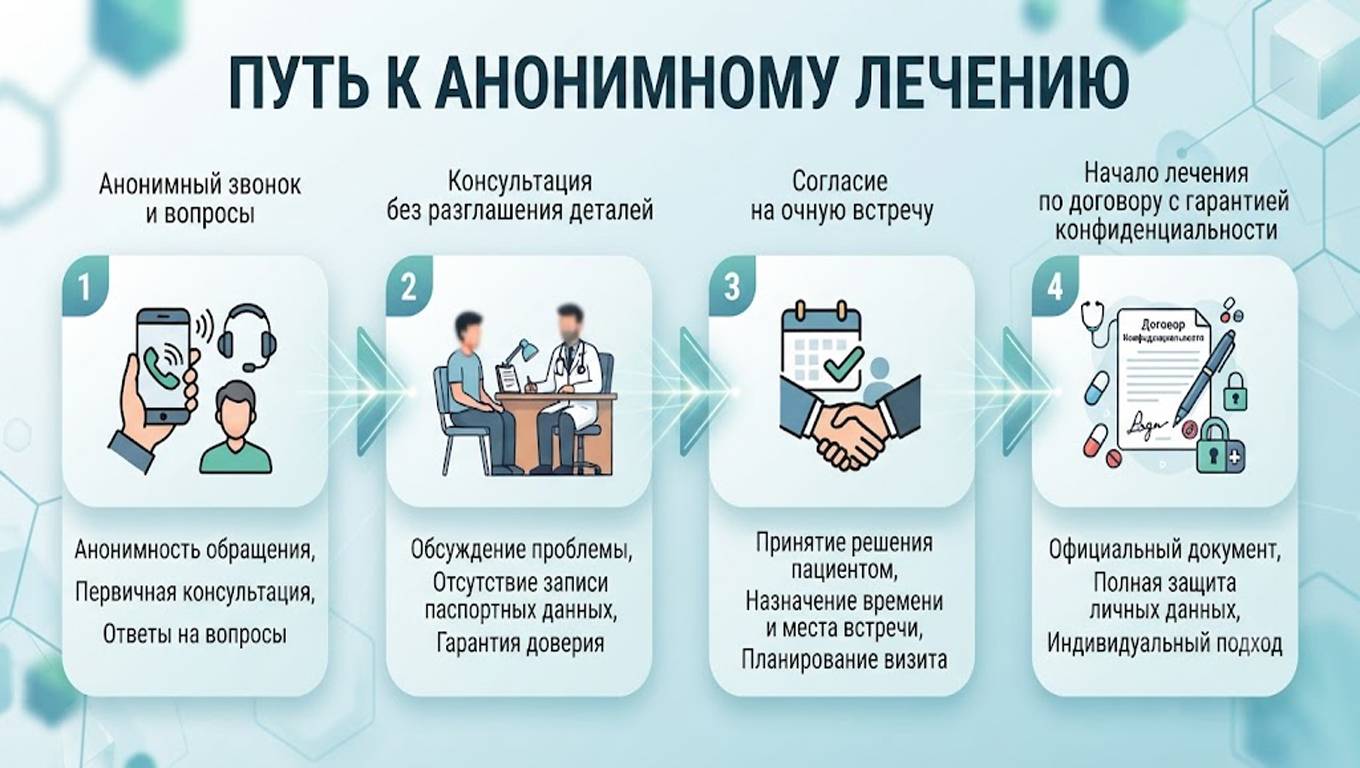 Инфографика: путь к анонимному лечению, иллюстрирующая этапы от первого анонимного звонка до начала лечения.