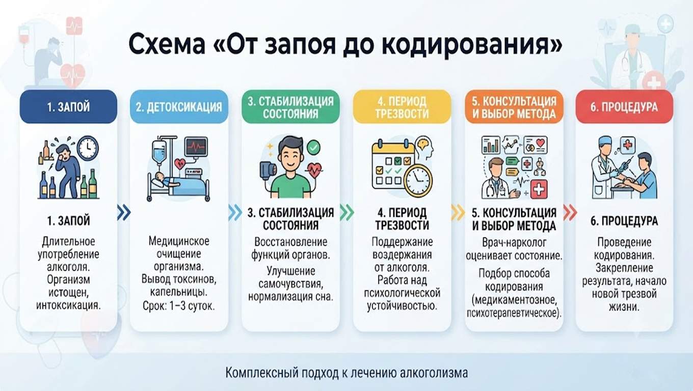 Инфографика Схема От запоя до кодирования: этапы лечения алкоголизма.